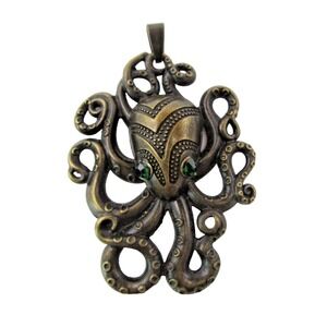 Vintage Octopus Large Pendant for Necklace Tentacles & Green Eyes Aged Brass